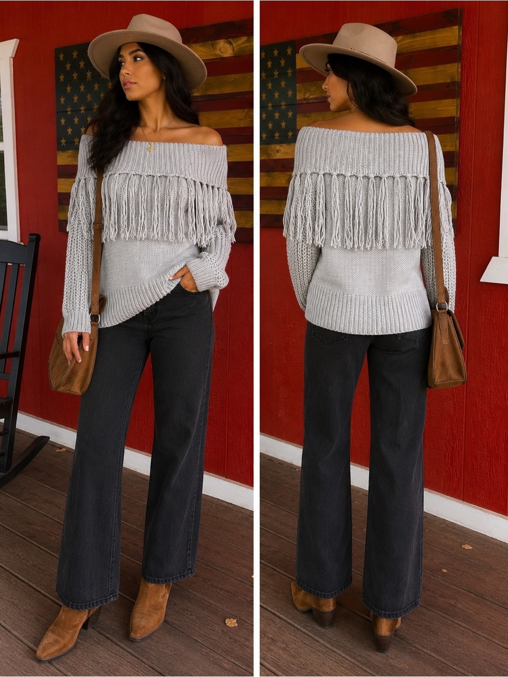 Fringe Off-the-Shoulder Knit Sweater | Gray | Size Large Cozy Boho Fall Pullover